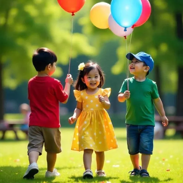 Illustration of a group of children playing with balloons