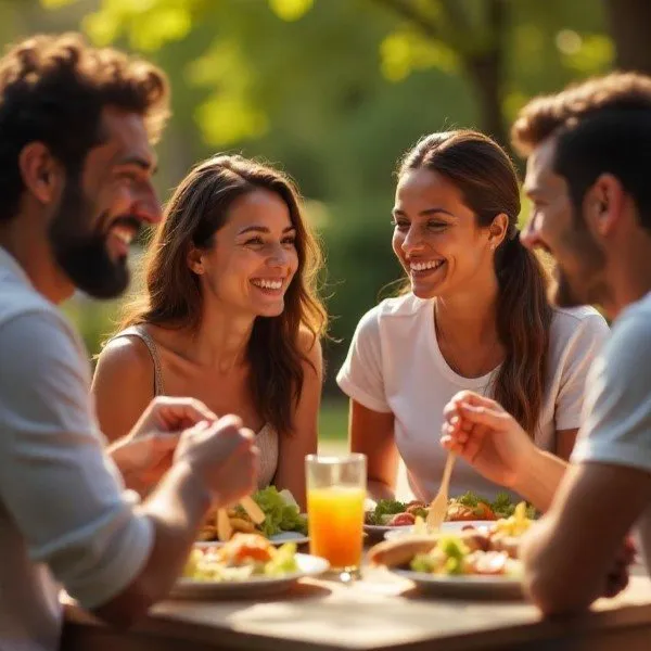 Illustration of a group of friends eating together